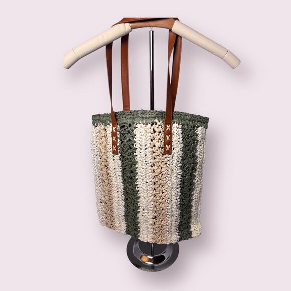Green‎ Boho Striped Woven Tote -Handmade, Chic, Beach Bag, - Picture 7 of 7